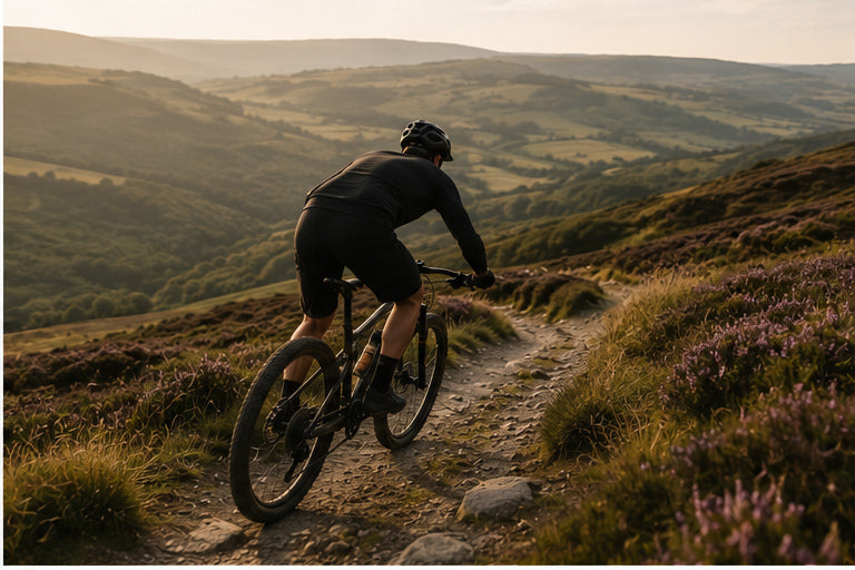 Mountain biker riding a UK moorland trail