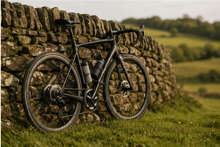 Cycling bike beside a dry-stone wall in the UK countryside